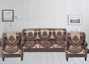 Nendle Damask Design Concept Sofa Set Covers 5 Seater with 80% Cotton & 20% Jute (Brown, Pack of 6)